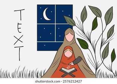 Flat illustration of mother and daughter recite the holy Qur'an together in Ramadan as a ritual of worship for Muslims with negative space for text perfect for social media post or poster.