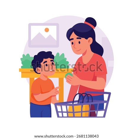 Flat illustration of mother and son happily shopping together in a grocery store.