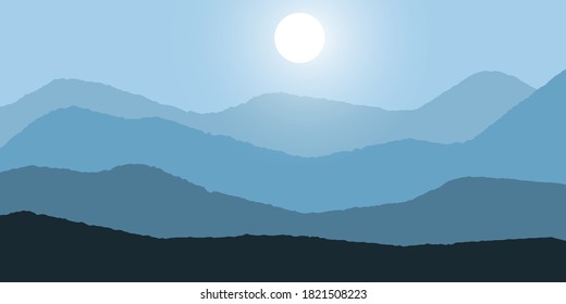 flat illustration of mountains in blue tones, mountain ranges, undulating hills at sunrise or sunset of the day, with sun or moon, layered illustration with silhouettes