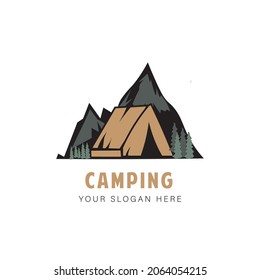 flat illustration of mountains, camping, and logo used for print