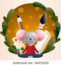 Flat illustration of a mouse meditating in a circle of green branches on a background of brush, pencil, canvas and palette
