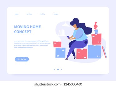 Flat illustration of moving house service. Woman with smartphone sitting on packed cardboard boxes. Landing page concept