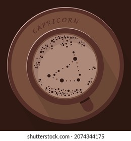 A flat illustration of mug with cocoa or coffe with froth shaped in zodiac constellation capricorn