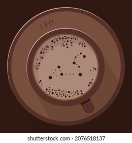 A flat illustration of mug with cocoa or coffe with froth shaped in zodiac constellation leo