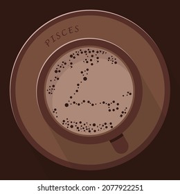 A flat illustration of mug with cocoa or coffe with froth shaped in zodiac constellation pisces