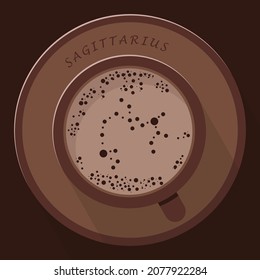 A flat illustration of mug with cocoa or coffe with froth shaped in zodiac constellation sagittarius