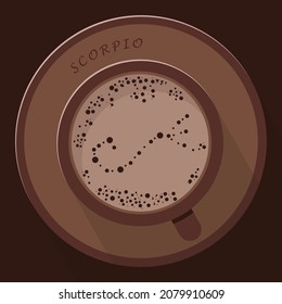 A flat illustration of mug with cocoa or coffe with froth shaped in zodiac constellation scorpio
