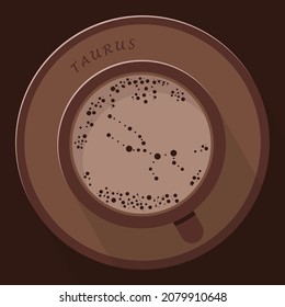 A flat illustration of mug with cocoa or coffe with froth shaped in zodiac constellation taurus