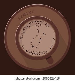 A flat illustration of mug with cocoa or coffe with froth shaped in zodiac constellation gemini