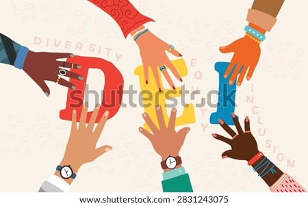 Flat Illustration Multiethnic Hands Reaching For DEI Letters Community Concept.