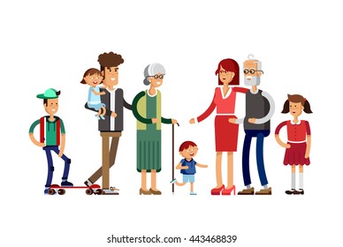 Flat illustration multi-generation family. Family portrait. Parents with their childrens. Grandmother, grandfather, mother, father, daughter, son. Happy family together.