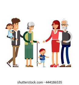Flat illustration multi-generation family. Family portrait. Parents with their childrens. Grandmother, grandfather, mother, father, daughter, son. Happy family together.