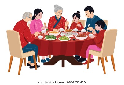 Flat illustration, a multi-generational family enjoying a celebratory Chinese New Year dinner.