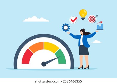 Ilustración plana de la eficiencia del trabajo de la mujer de negocios multitarea en la habilidad de productividad del empleado del talento del éxito de alto rendimiento