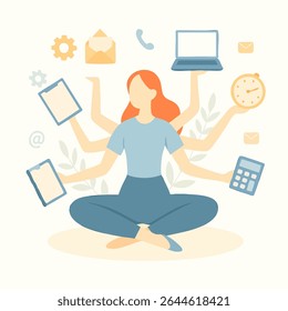 Ilustração plana de mulher multitarefa com múltiplas mãos Conceito de produtividade