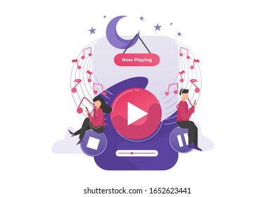 Flat illustration of music playlist with gadget object with melody icon and people are listening music. Perfect for landing page, card, advertising.