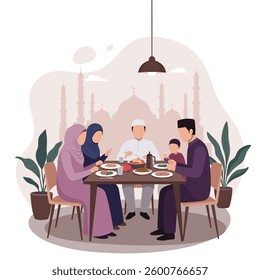 Flat Illustration of a Muslim family greeting each other in front of a mosque, symbolizing unity, tradition, and Ramadan Kareem. Perfect for Eid celebrations, Islamic events, and family-themed designs