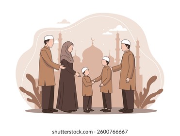 Flat Illustration of a Muslim family greeting each other in front of a mosque, symbolizing unity, tradition, and Ramadan Kareem. Perfect for Eid celebrations, Islamic events, and family-themed designs