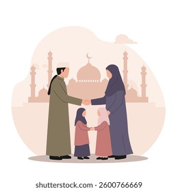 Flat Illustration of a Muslim family greeting each other in front of a mosque, symbolizing unity, tradition, and Ramadan Kareem. Perfect for Eid celebrations, Islamic events, and family-themed designs