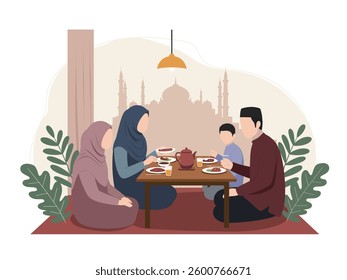 Flat Illustration of a Muslim family greeting each other in front of a mosque, symbolizing unity, tradition, and Ramadan Kareem. Perfect for Eid celebrations, Islamic events, and family-themed designs