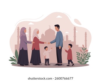 Flat Illustration of a Muslim family greeting each other in front of a mosque, symbolizing unity, tradition, and Ramadan Kareem. Perfect for Eid celebrations, Islamic events, and family-themed designs