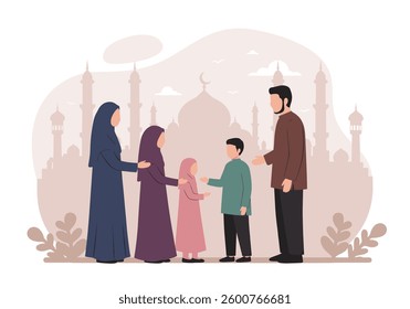 Flat Illustration of a Muslim family greeting each other in front of a mosque, symbolizing unity, tradition, and Ramadan Kareem. Perfect for Eid celebrations, Islamic events, and family-themed designs