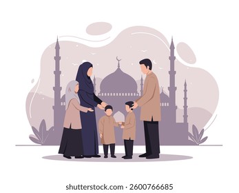 Flat Illustration of a Muslim family greeting each other in front of a mosque, symbolizing unity, tradition, and Ramadan Kareem. Perfect for Eid celebrations, Islamic events, and family-themed designs