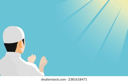 Ilustración plana de un musulmán rezando a Alá, con área de texto adecuada para afiches, fondo islámico