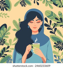 Flat illustration of a muslim woman with curly hair holding a cup of coffee being surrounded by green leaves. Vector of a female in a hijab holding a mug of hot tea	