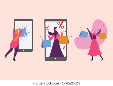 flat illustration of muslim women wearing hijab doing online shopping with big sale 