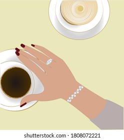 Diseño de uñas de ilustración plana, mano con taza de café