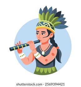 A flat illustration of a native girl playing flute 