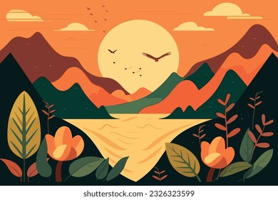 Flat Illustration of Natural Background with Mountains valleys hills