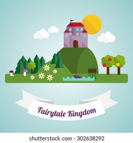 Flat illustration with natural landscape and fairytale castle.