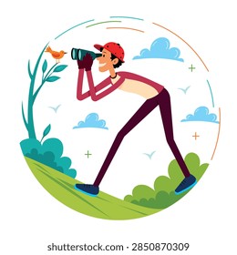 A flat illustration of a nature observer using binoculars to watch wildlife in a green field, with clean shapes and colorful scenic details.