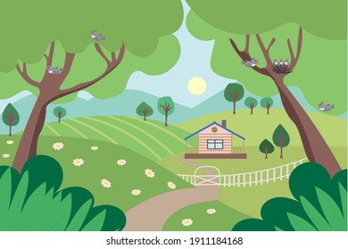 A flat illustration of the nature. Summer, spring scene of a country life. Landscape. Vector, EPS 10. 