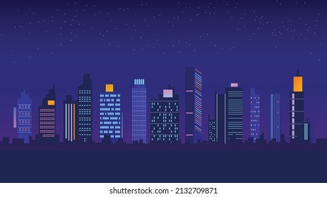 flat illustration of neon city building in night vector, skyscraper urban design background 