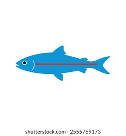 Flat illustration of a neon tetra with bright blue body and red stripe, sleek fins, minimalistic design, clean background, modern aesthetic