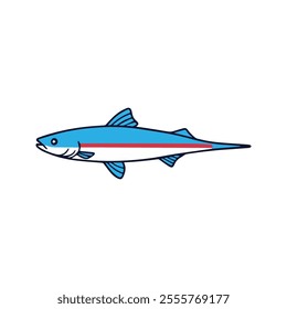 Flat illustration of a neon tetra with bright blue body and red stripe, sleek fins, minimalistic design, clean background, modern aesthetic