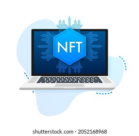 Flat illustration with nft laptop screen. Banner vector. Flat design. Vector design art.