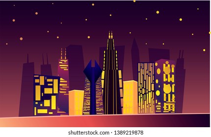 Flat illustration of night cityscape architecture of Chicago with skyscrapers and night lights in violet, pink, blue and warm tones and gradients. Highlighted with abstract stars on the background 