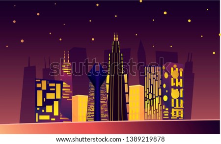 Flat illustration of night cityscape architecture of Chicago with skyscrapers and night lights in violet, pink, blue and warm tones and gradients. Highlighted with abstract stars on the background 
