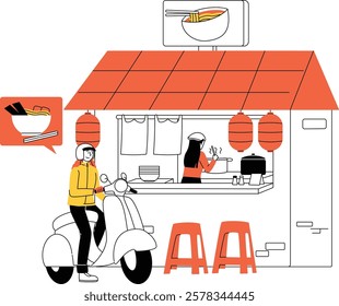 A flat illustration of a noodle food stall with a delivery driver waiting for orders.