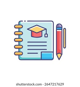 A flat illustration of a notebook with graduation cap next to a pencil on White Background. The style is clean and minimal.