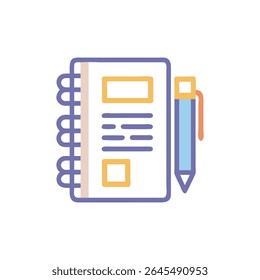 Flat illustration of a notebook with a pen. Pastel colors with thick outlines create a simple, graphic style for organization concepts.