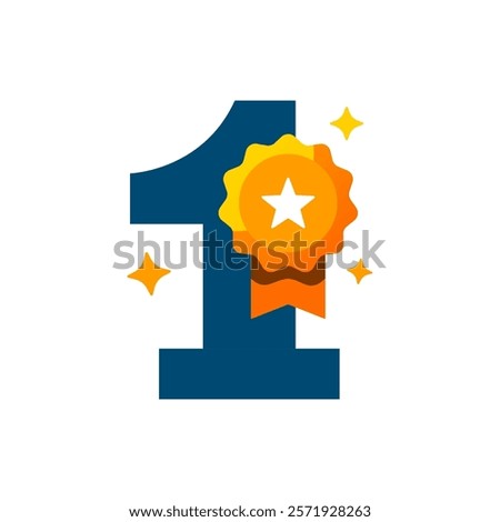 Flat illustration of the number one with a badge symbolizing top priority and exceptional quality. Perfect for representing excellence, high standards, customer satisfaction, or leadership