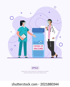 Flat illustration Nurses and doctors, with vaccine bottles Can be used for social media infographic posters, news etc