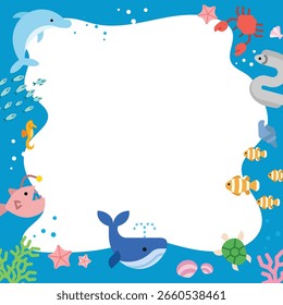 Flat illustration of ocean frame with sea life