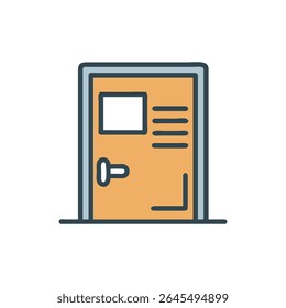 A flat illustration of an office door with a rectangular frame, handle, and information space. The style is simple and graphic.