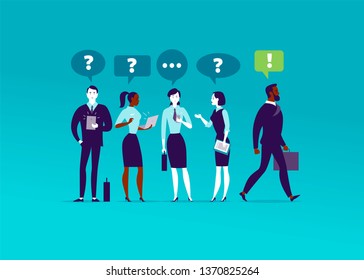 Flat illustration with office people standing together wondering. Businessman walking ahead solution inspired. Aspirations, trust yourself, motivation, just do it, leadership, new goal - metaphor.